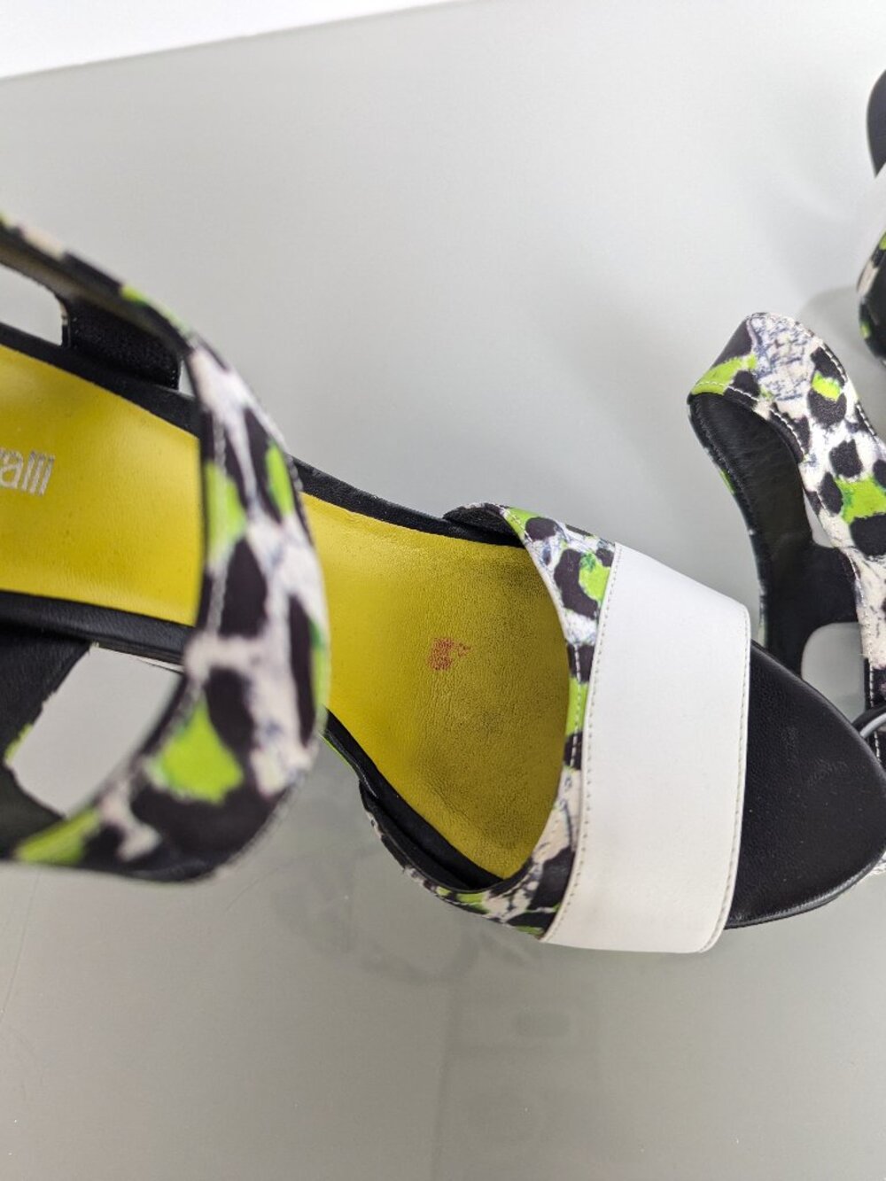 Just Cavalli Y2K Neon Black White Animal Print Open Toe Wedge Heels Size 38 - Picture 5 of 11